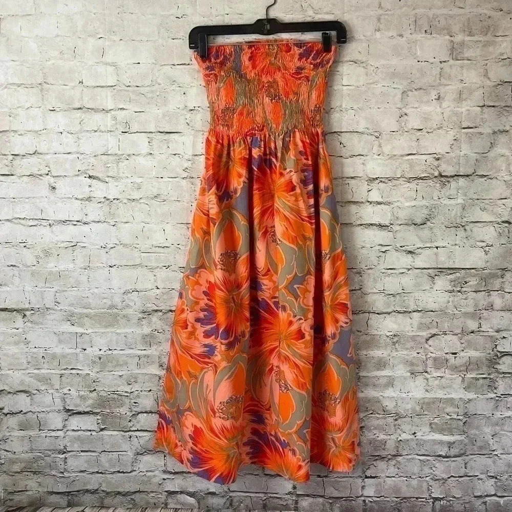 Mikoh Lido Women's Size 1 XS Vivid Floral Dress Midi Shirred Strapless Pockets - Picture 2 of 16